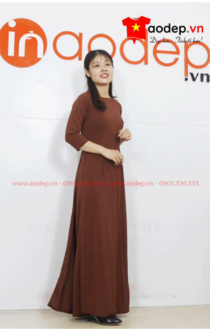 Áo dài nữ cổ tròn màu nâu