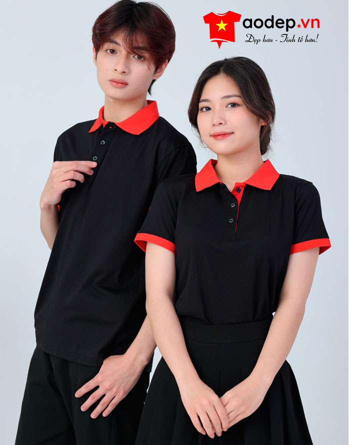Áo polo may sẵn màu đen phối đỏ