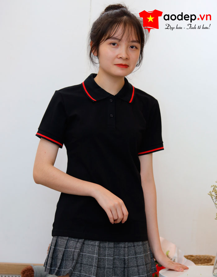 Áo polo may sẵn màu đen viền đỏ