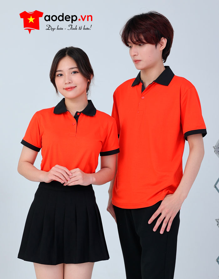 Áo polo may sẵn màu đỏ cam phối đen