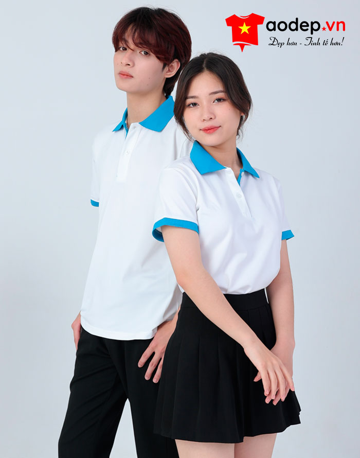 Áo polo may sẵn màu trắng phối xanh YA