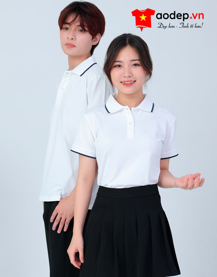 Áo polo may sẵn màu trắng viền đen