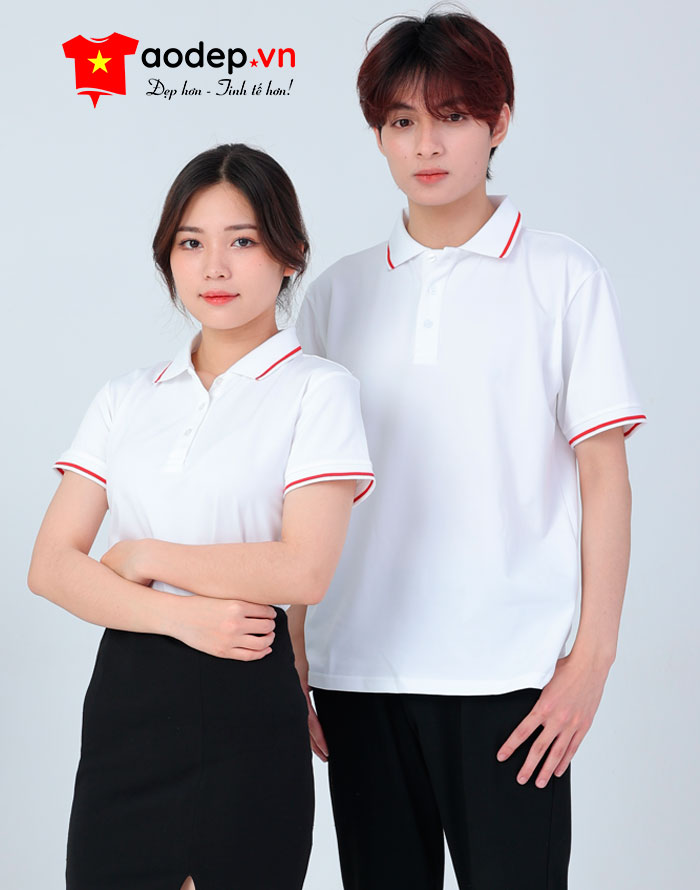 Áo polo may sẵn màu trắng viền đỏ