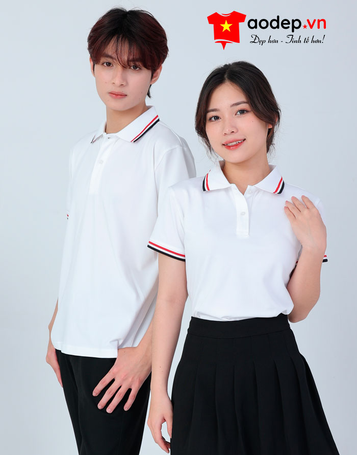 Áo polo may sẵn màu trắng viền đỏ đen