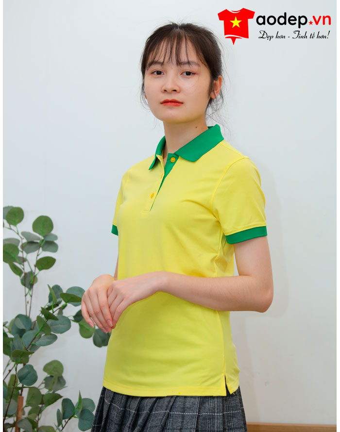 Áo polo may sẵn màu vàng phối xanh lá cây